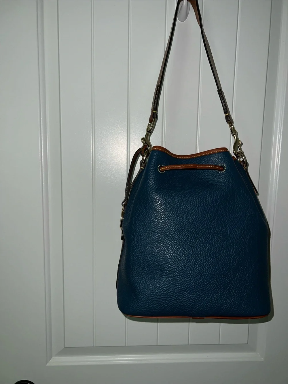 Dooney & Burke Women’s Jeans Blue Drawstring Bucket Bag with Tan Trim